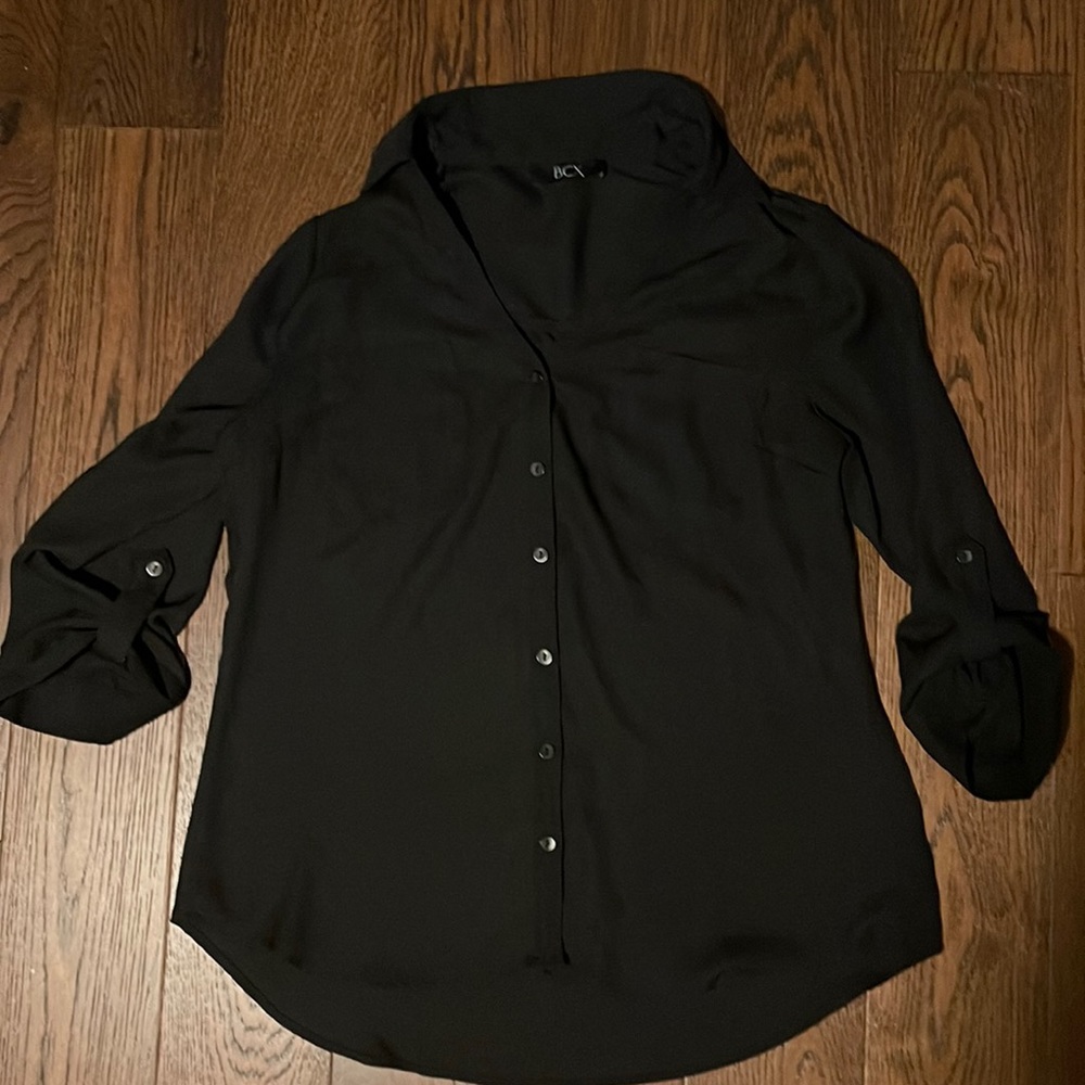 Women’s black BCX small button down collared half sleeve dress shirt blouse